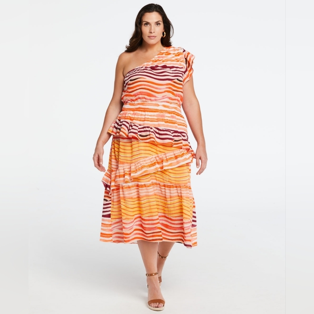 ELLA Rafaella Women's 100% Cotton One Shoulder Ruffle Midi Dress Size 3X NEW